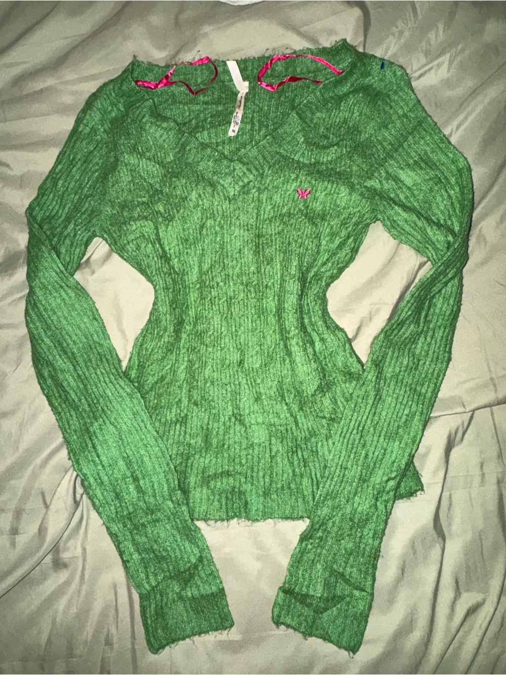 Aeropostale Green Ribbed V-Neck Sweater with Pink Butterfly Accent